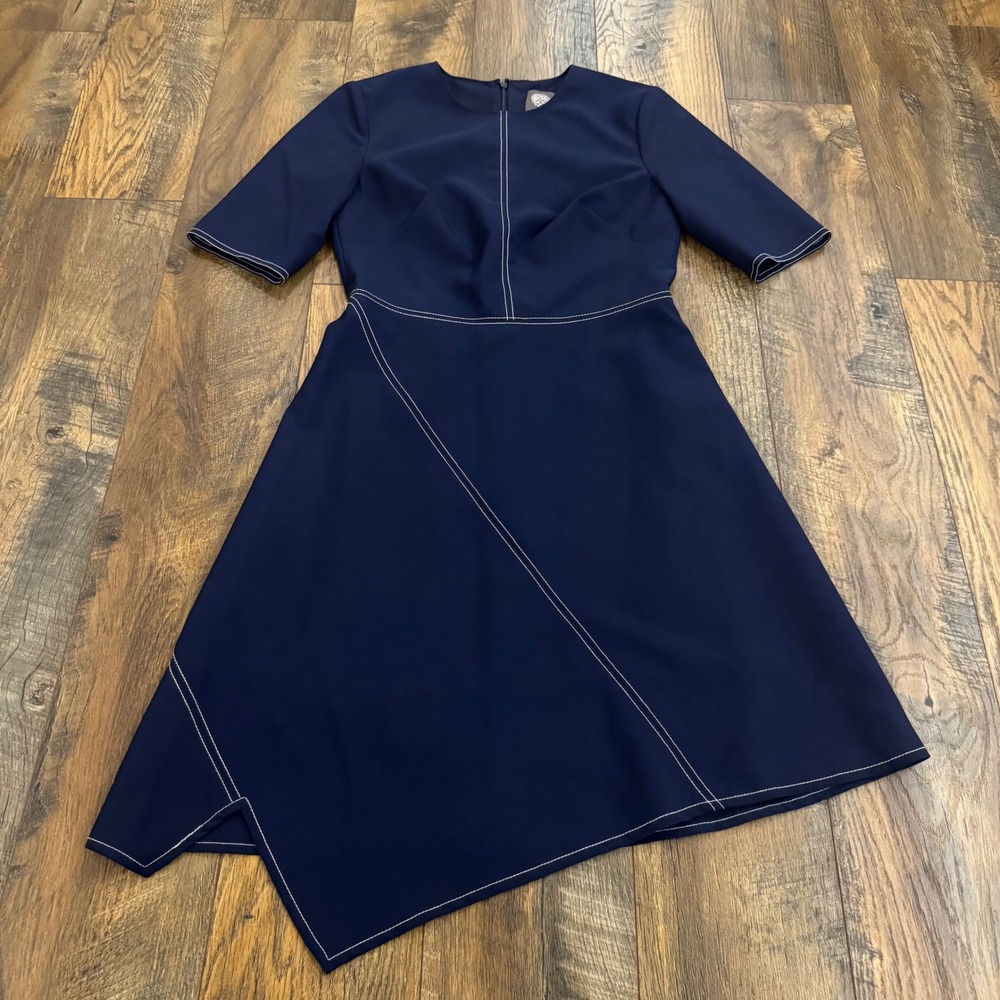 Vince Camuto Navy Blue Contrast Stitch Asymmetric Hem Dress Size 2 Fit & Flare